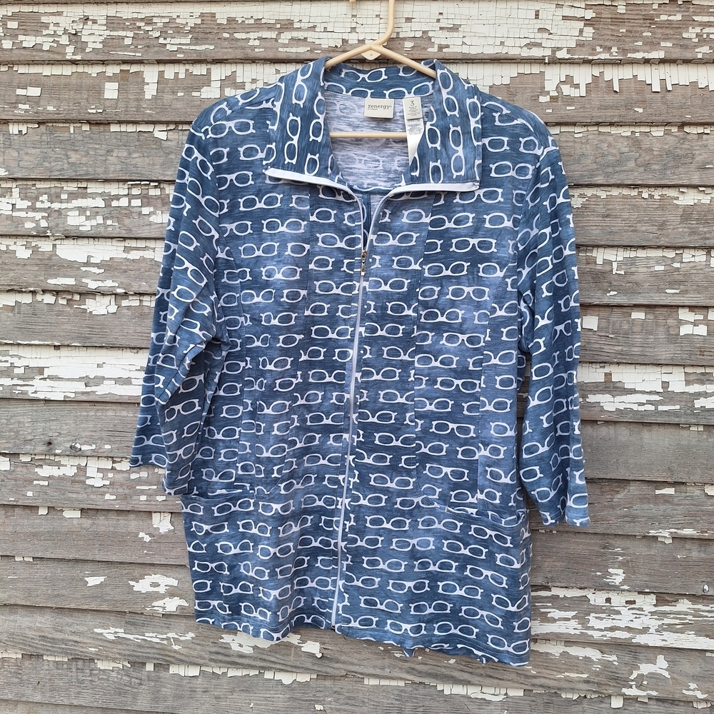 Zenergy By Chicos Stylish Blue Patterned Women's Shirt Jacket Size 3 XL